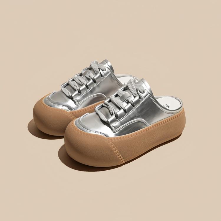 Baotou halvtofflor dam sommar ytterkläder 2025 nya en-pedal latmansskor utan klack retro muffin tjock basplatta skor