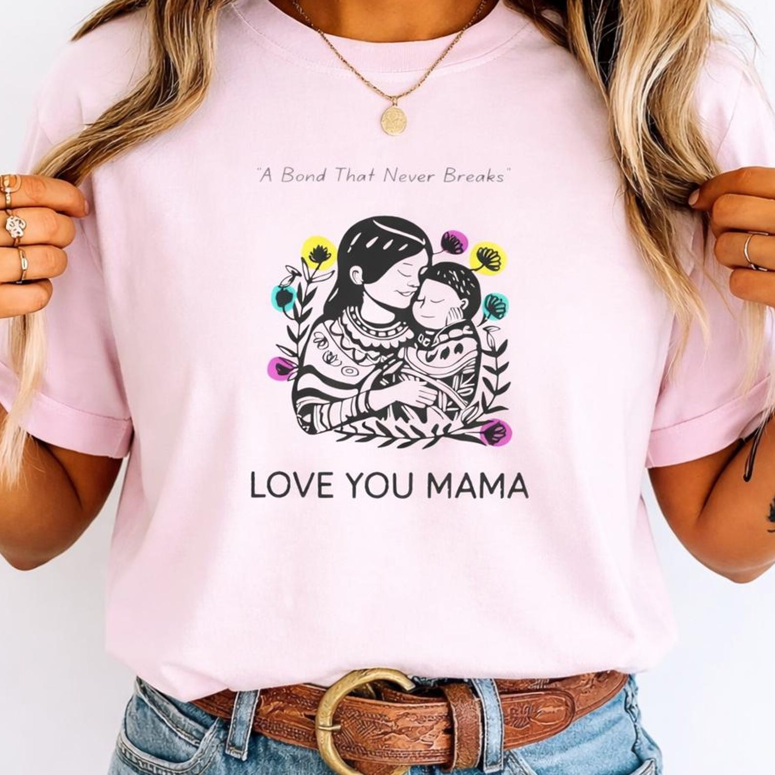 Women s oversized boxy tee | Love You Mama illustration T-Shirt | Mother and Baby floral tee S