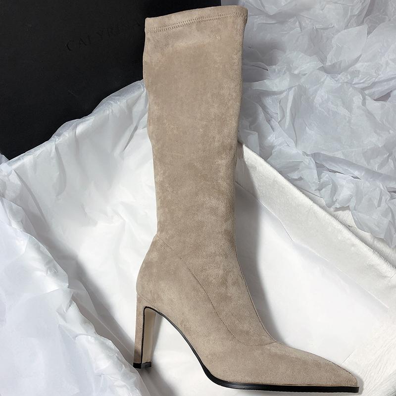 Fashion Vintage Pointed Toe Elastic Slim Women Knee High Boots Designer Square High Heels Zipper Long Botines De Mujer