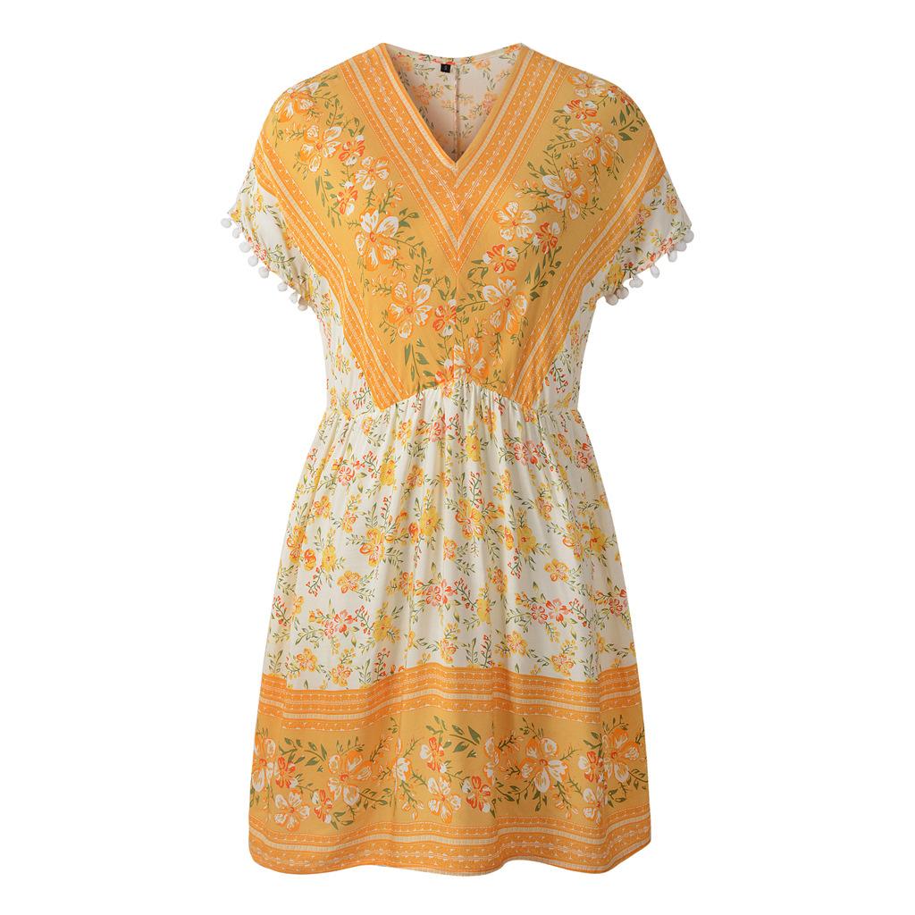 Vara Femei Causal Decolteu in V Maneca Scurta Talie Inalta A Line Rochie Florala Boema S-XXL