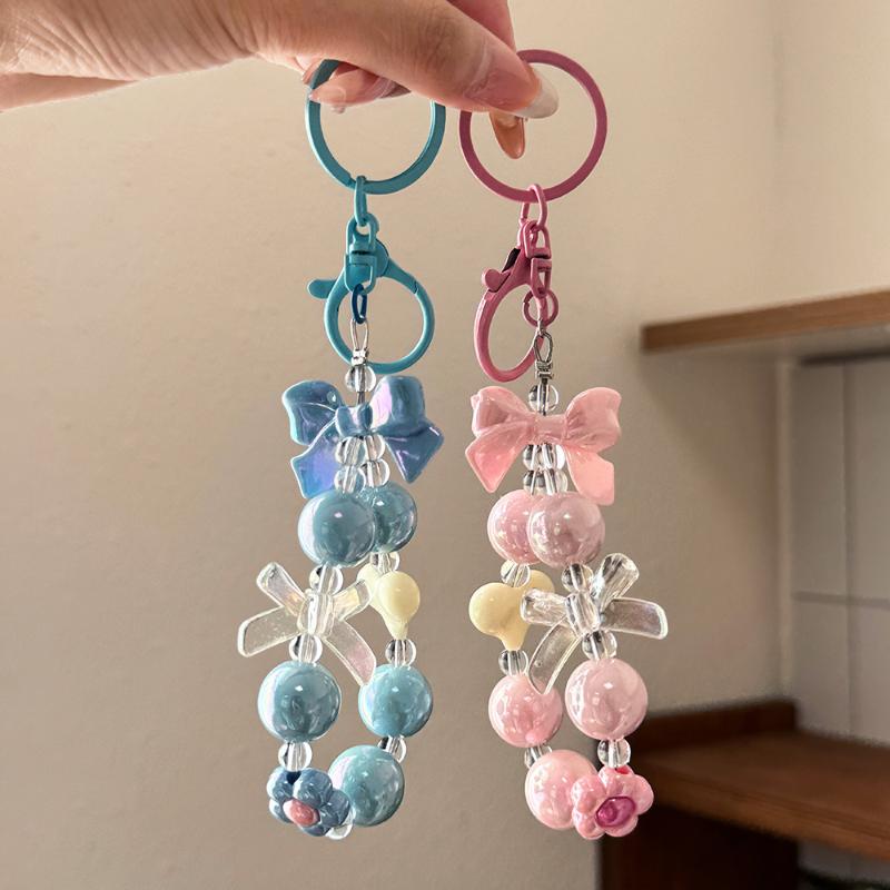 1Pcs Creative Little Fresh Candy Color Heart-Motif Cartoon Bow Beaded Phone Chain Functional Backpack Decor Gift For Girls