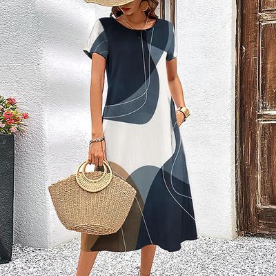 3d Abstract Pattern Short-sleeved Beach Dress Ladies Top Summer Elegant Fashion Loose Round Neck Dress