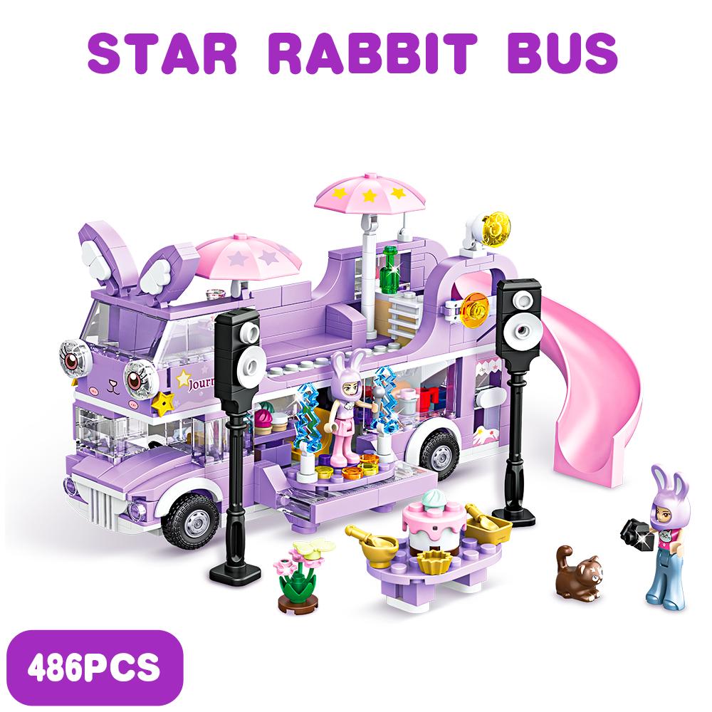 

Non-Toxic 486Pcs Double-Storey Star Rabit Bus Building Blocks Toys Stem Toys Friends Figures Flower Christmas Day Purple Color Toys Children