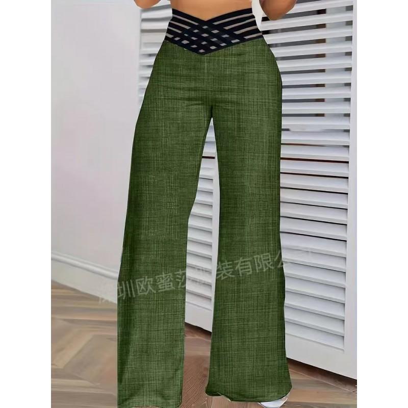 Womens High-Waisted Wide-Leg Pants With Cutout Waistband Casual Office Trousers Stretchy Loose Fit