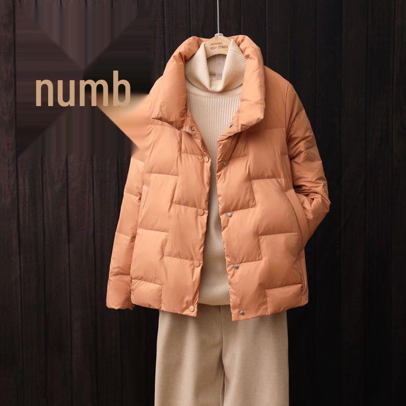 Women's Petite White Duck Down Short Jacket - Fashionable Stand-up Collar, Autumn/Winter, Loose Bread Style, Warm Coat.
