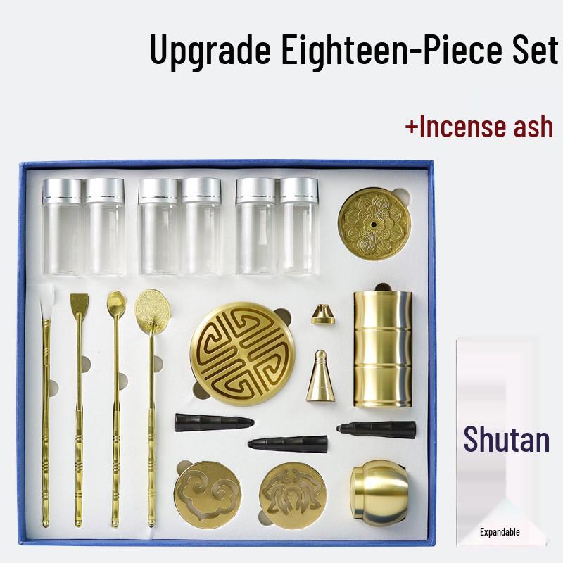 Brass Incense Ceremony Set: Seal Tools, Ash Press, Incense Powder, Burner, Shovel, Spoon, Stamp.