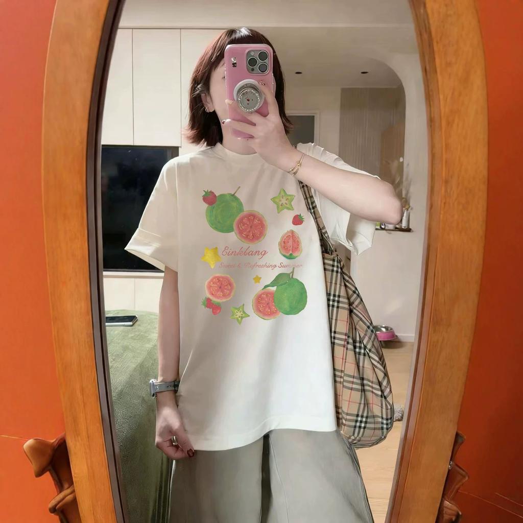 White Korean Girl Guava Print Short-sleeved T-shirt Women's Summer Loose Design Sense Niche Unique Beautiful Clothes