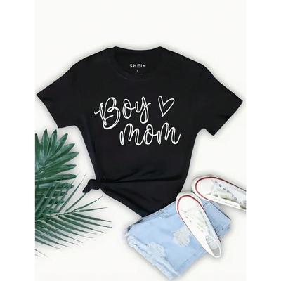 INAWLY Women's Letter & Heart Printed Short Sleeve T-Shirt Boy Love Mom Graphic Tees Women Tops