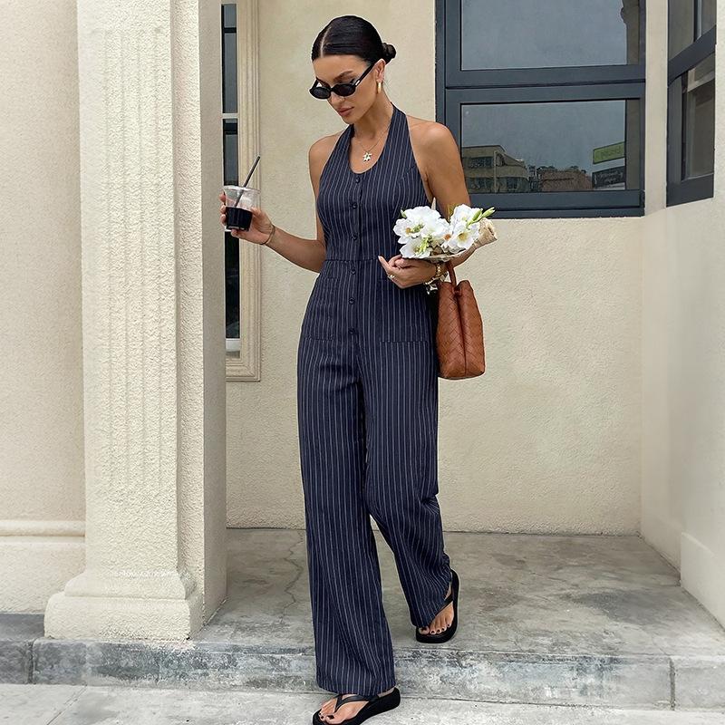 

TIFICY Women s Fashion Casual Summer Spring Stripe Print Sleeveless Hanging Neck High Waist Trousers Jumpsuits & Rompers XL