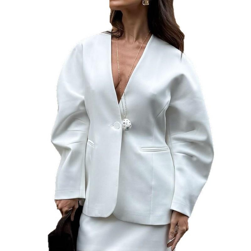 Womens V-Neck Slim Fit Blazer Elegant Commute Suit Single-Breasted Mid-Length Office Jacket