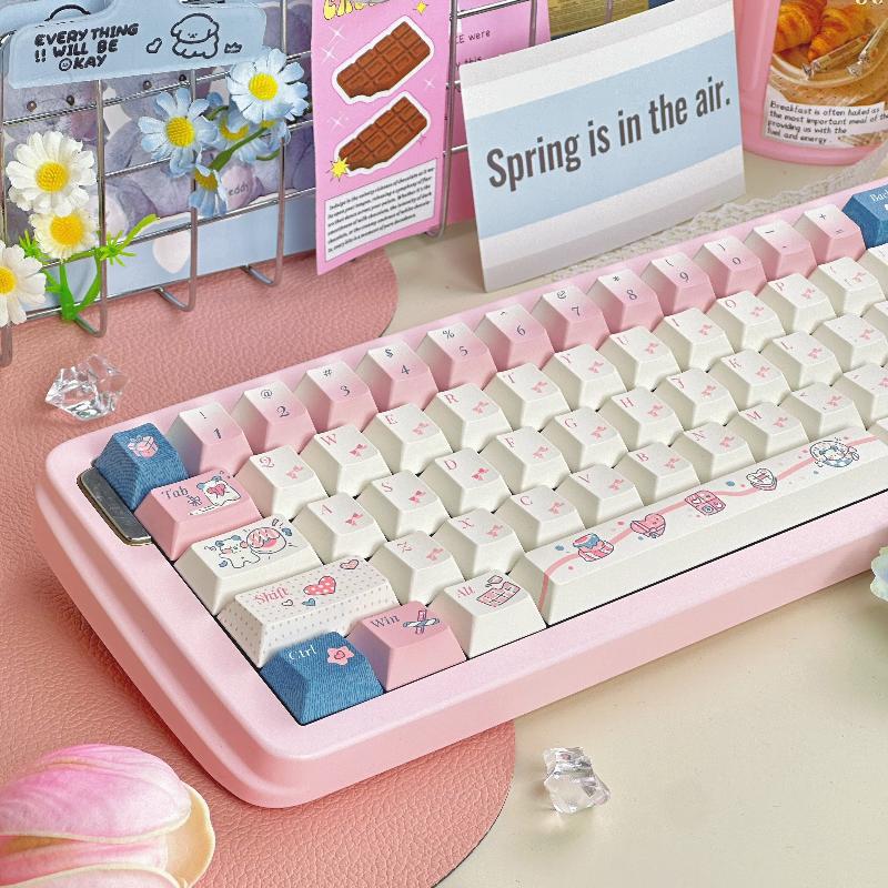 Pure Heartbeat Keycap Cherry Pbt Five Sided Thermal Sublimation Cake Bow Cartoon Diy Keycap 150Key White Pink Gradient Keycaps