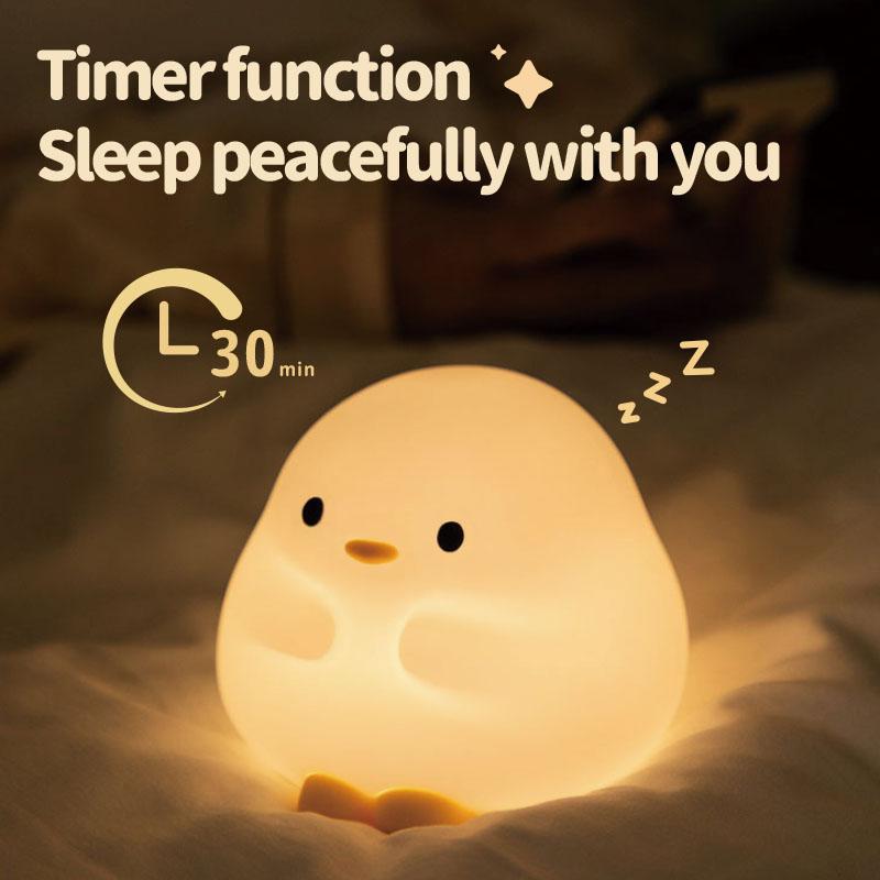 Cute Duck Cartoon Animal LED Night Light - Silicone Touch Sensor Timing USB Rechargeable Lamp for Children Birthday Presents