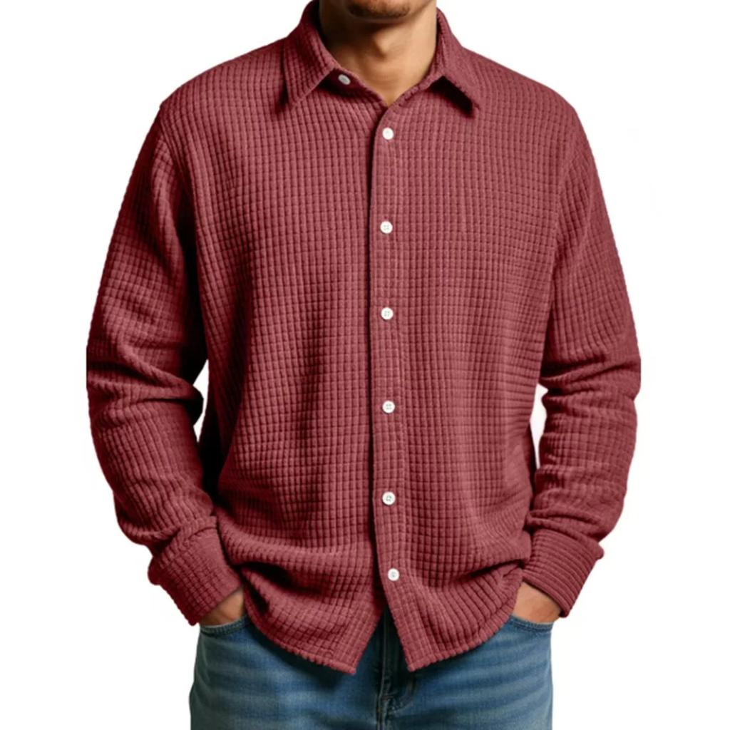 Spring Autumn Chic Men Casual Shirt Fashion Lapel Waffle Solid Color Breathable Loose Long Sleeve Shirts