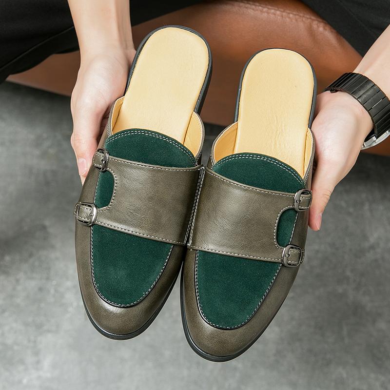 Summer Men Shoes Black/Green Men Half Slippers High Quality Men Leather Casual Shoe Loafers Flip Flops Lightweight Flats Sandals
