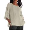 Seven Quarter Sleeve Pleated Round Neck Top Cotton and Linen Women’s Blouses & Shirts