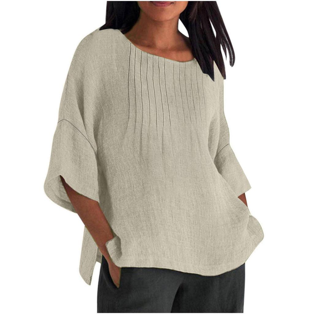 Seven Quarter Sleeve Pleated Round Neck Top Cotton and Linen Women’s Blouses & Shirts