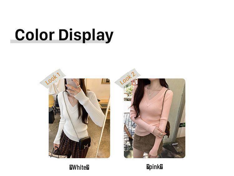 Chic V-neck Slim-Fit Long-Sleeve Knit Sweater for Women - Perfect for Autumn and Winter.