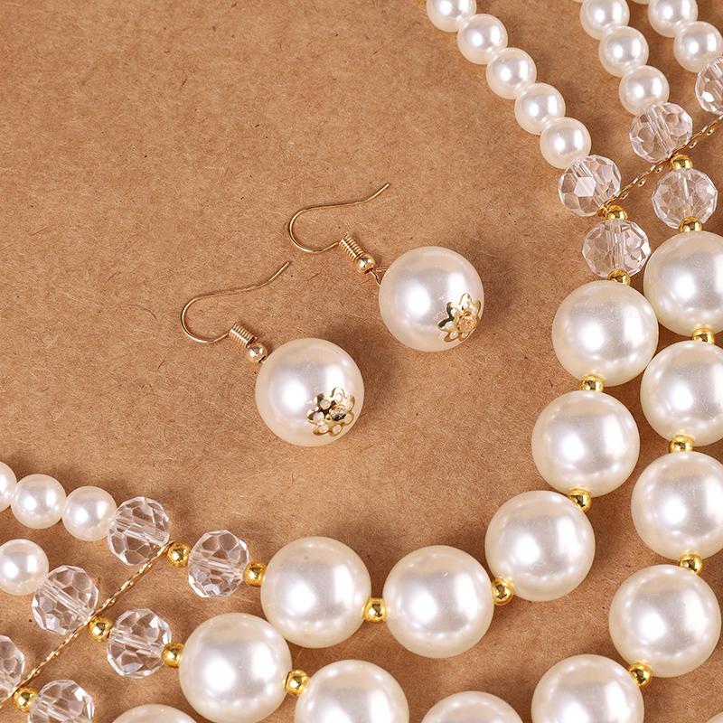 1set Exaggerated Multi-layer Round Beaded Imitation Zircon Necklace and Earrings Zircon Sets Statement Handmade Choker Necklace