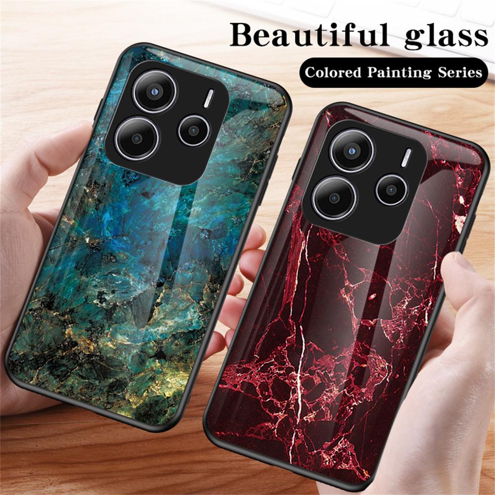 For Xiaomi Redmi Note 14 5G Case Marble Pattern Tempered Glass+PC+TPU Protective Phone Cover
