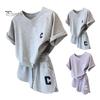 2 Pcs/Set Summer Women Tracksuit O Neck Letter Print Pure Color Short Sleeve T-shirt Drawstring Elastic Waist Loose Shorts Sport Clothes Lady