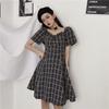 Kleider Frauen Kurzarm Schwarz Plaid Knielangen Hohe Taille A-linie Quadrat Kragen Mädchen Süße Harajuku Streetwear Sommer