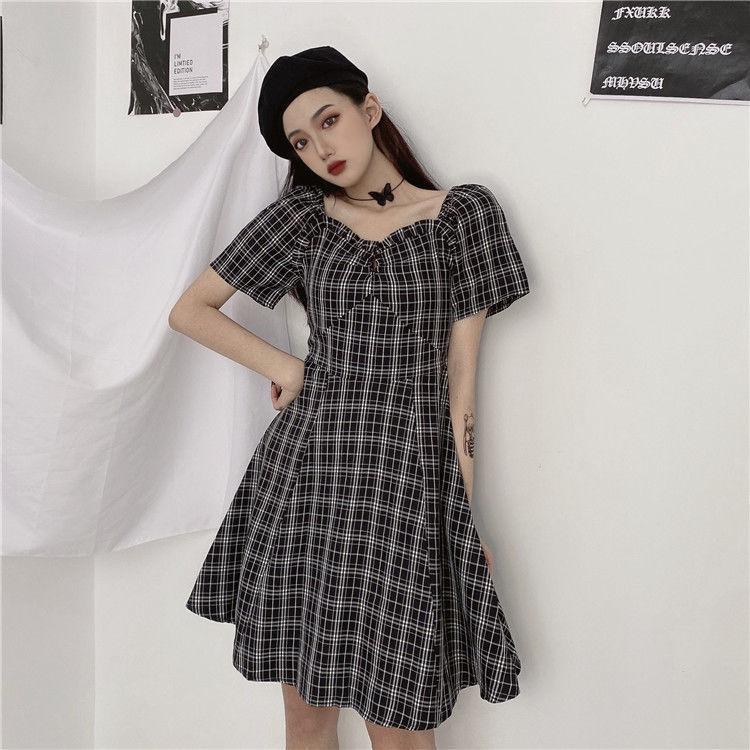 Kleider Frauen Kurzarm Schwarz Plaid Knielangen Hohe Taille A-linie Quadrat Kragen Mädchen Süße Harajuku Streetwear Sommer