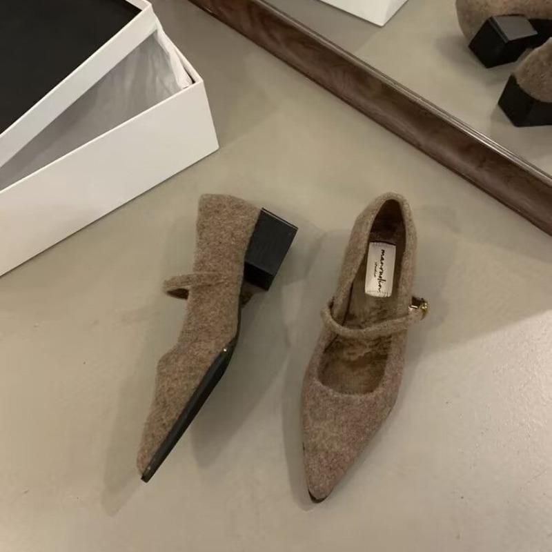 Winter Cotton Women Mary Jane Shoes Shallow Pointed Toe Shoes Concise Square Heels Shoes Zapatillas De Mujer