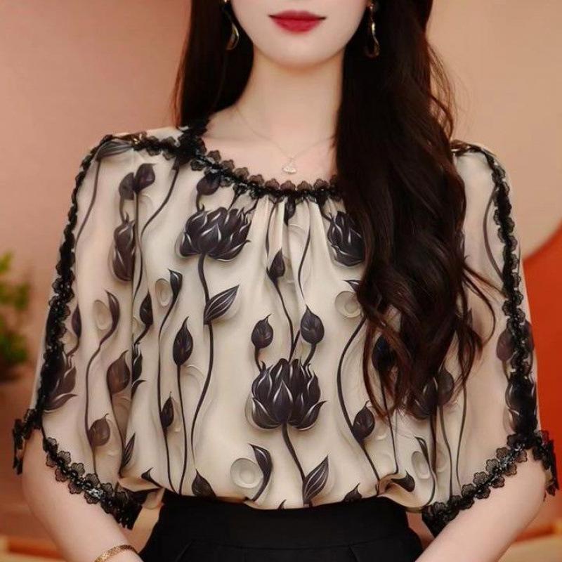 Lace Short Sleeve Shirt Summer Loose Fit Slimming Stylish Small Top Floral Edge Design
