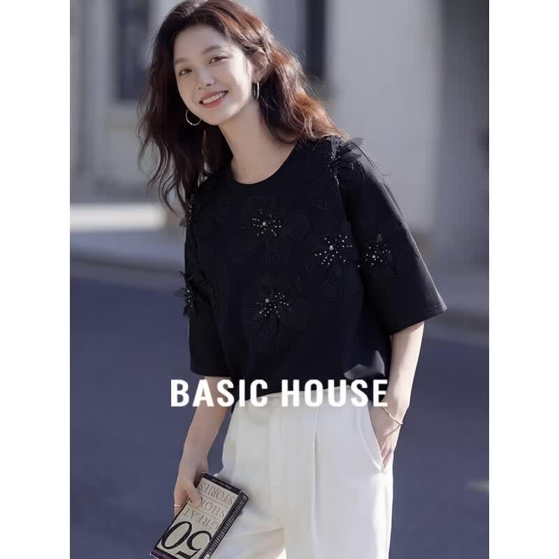 Basic House Beaded Floral Short Sleeve T-Shirt One Size