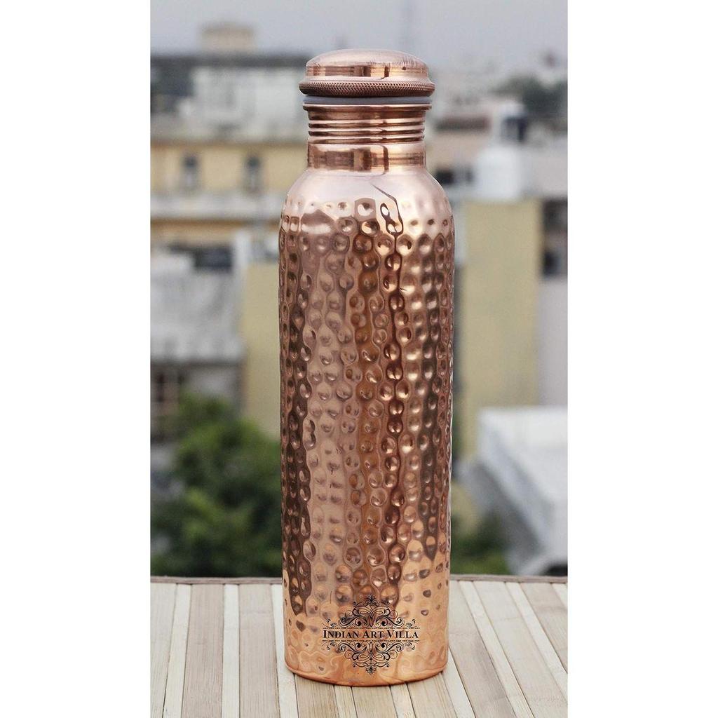 Pure Copper Water Bottle with Hammered Shine Finish Design, Drinkware, Storage Purpose, Volume-1000 ML, Pack of 1