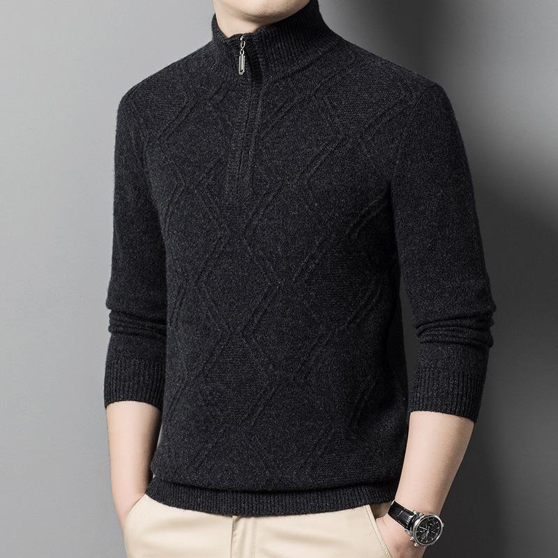 

Жаккардовый однотонный универсальный шерстяной свитер с высоким воротником на молнии, новый осенне-зимний свитер из 100% шерсти, утолщенный свитер для молодых мужчин 2XL