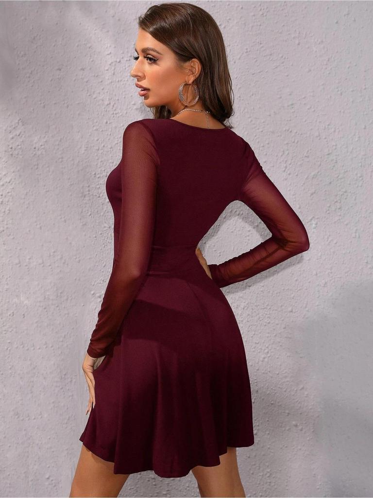Einfarbiges Kleid mit V-Ausschnitt, Taillenbetontes, elegantes Netzkleid für Damen, langärmelige, lockere Kleider, lässiges Zeremonienkleid