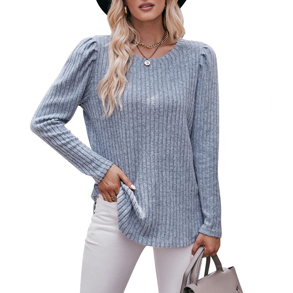 Women's Round Neck Bubble Sleeve Brushed Pit Stripe Solid Color Top Long Sleeved T-shirts