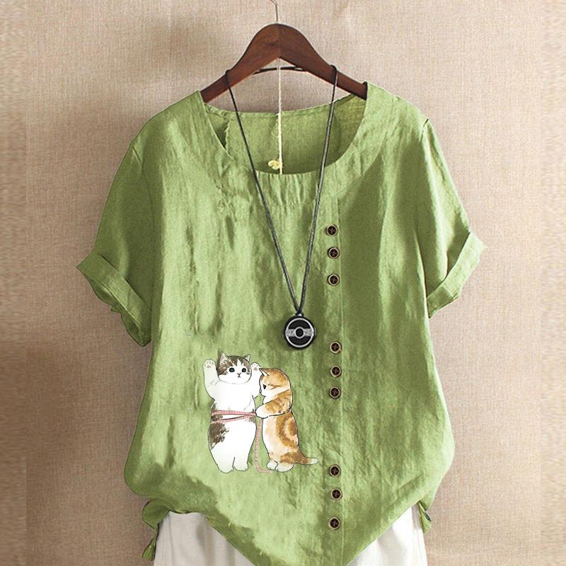 

Женская модная футболка с короткими рукавами с милым принтом кошек, свободная хлопковая рубашка, повседневная свободная летняя блузка, топы больших размеров 5XL зелёный
