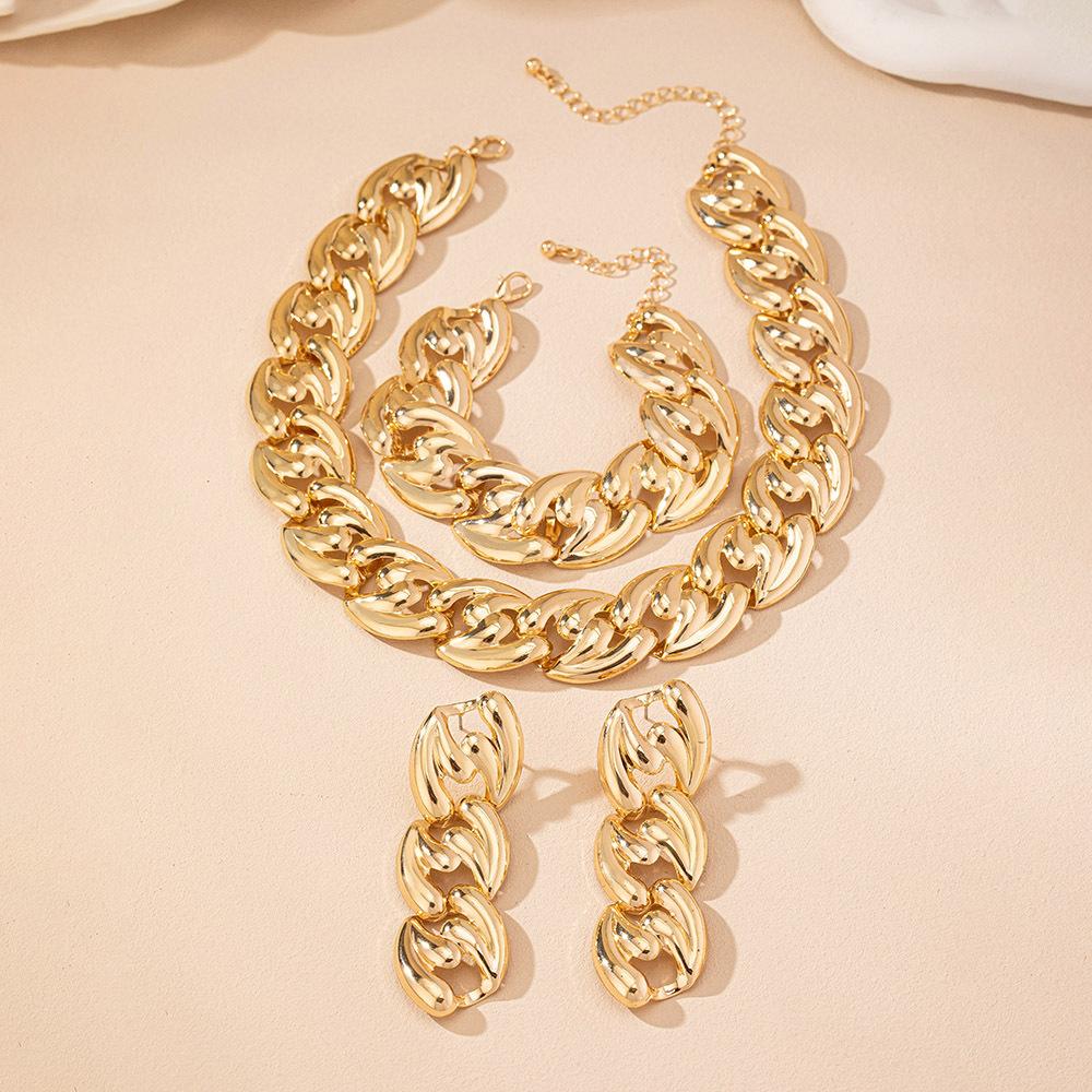 3PCS Zircon Set for Women Gold Copper Color Big Cuban Chains Bracelet Necklace Fashion Chunky Chain Collares Earring Gifts