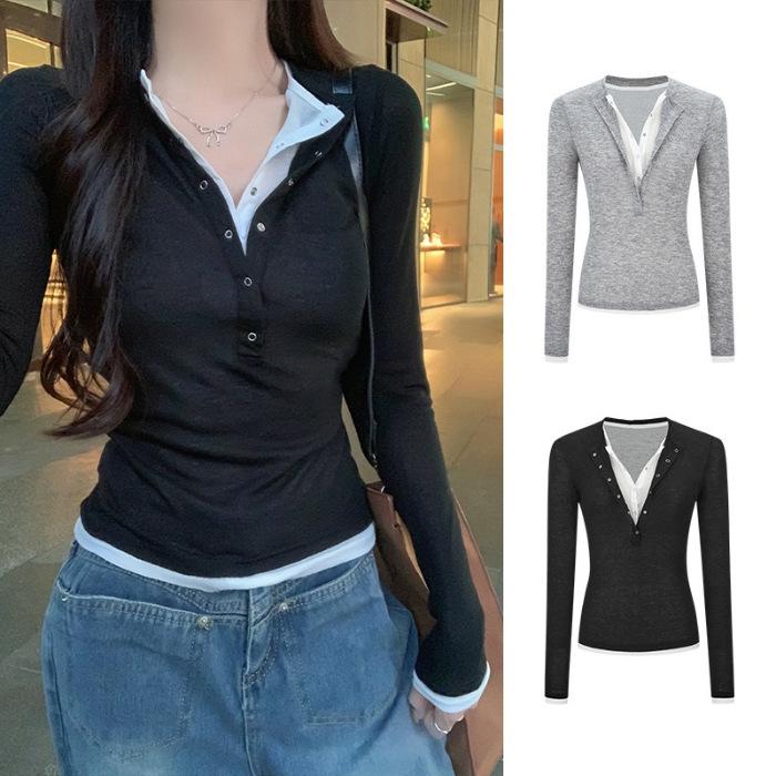 

260G хлопок модал, Spice Girl имитация двух частей с полуоткрытой шеей, длинный рукав, женский приталенный осенний новый внутренний базовый XL чёрный