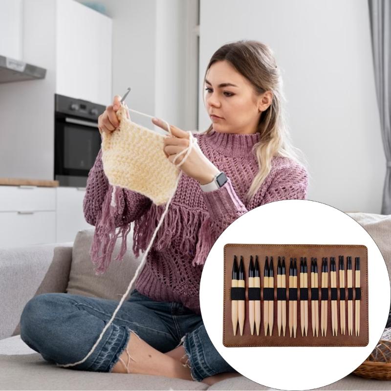 12Pairs Wood Knitting Needle 3.5-10mm Interchangeable Circular Knitting Needle Set with Storage Bag for Sweaters Scarves
