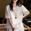 Women Elegant Loose Short Sleeve Round Neck Lace Patchwork Solid Blouse