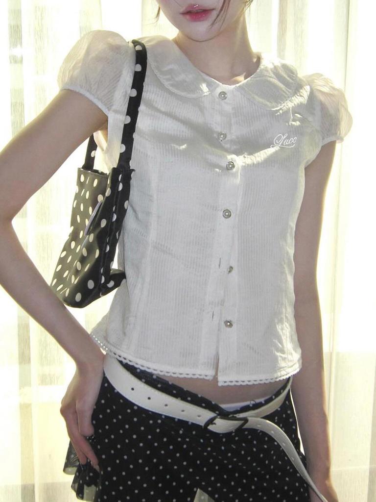 Doll Face Academy Short Sleeve Sheer Top with Pearl Buttons and Slim Fit