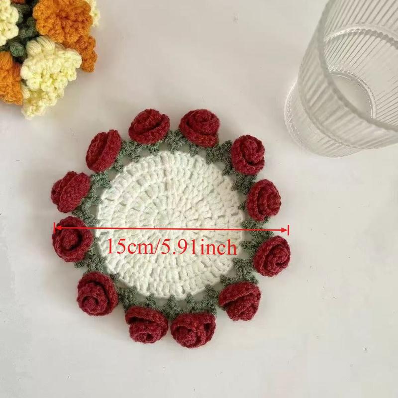 1PC Handmade Crochet Rose Coaster DIY Knitted Flower Insulated Cup Mat Mini Bouquet Creative Design Gift for Home Office Decor