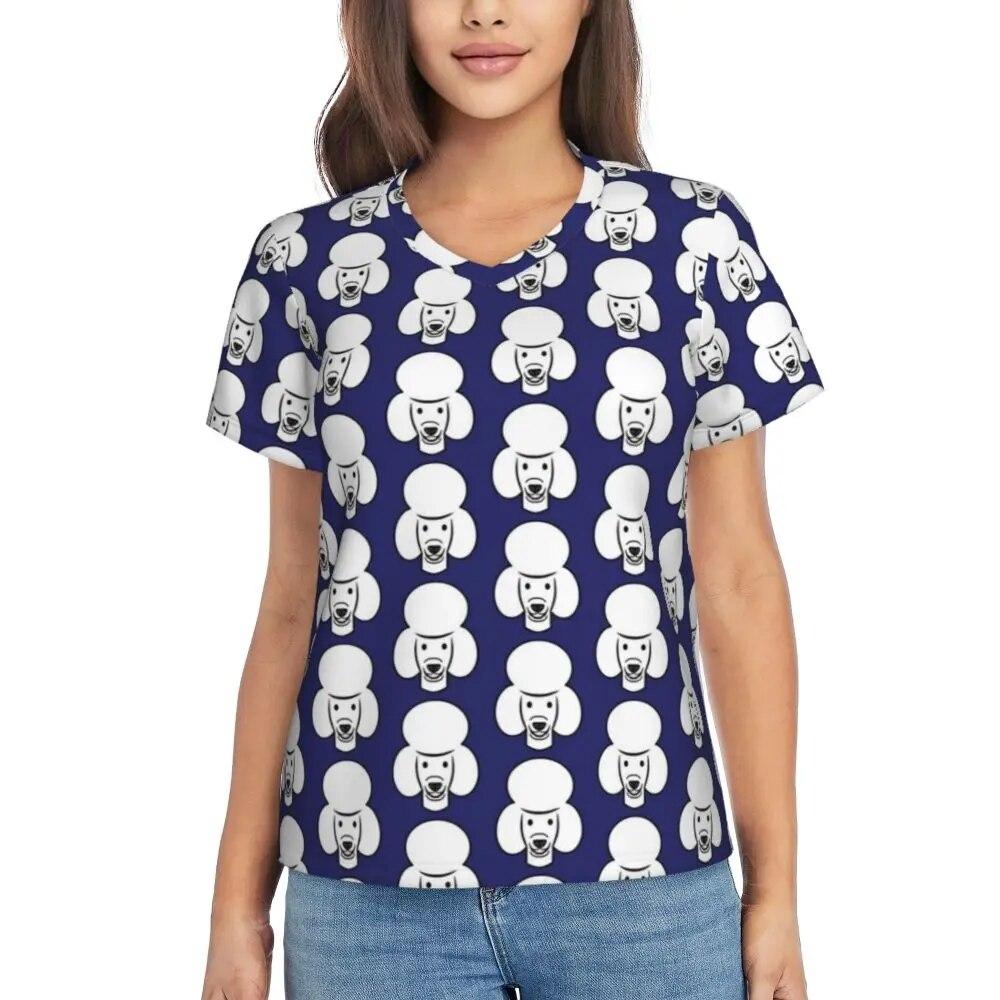 Cute Poodle Print T-Shirts Life Is Better V Neck Fashion Oversized T-Shirt Short Sleeve Woman Aesthetic Tshirt Design Top Tees