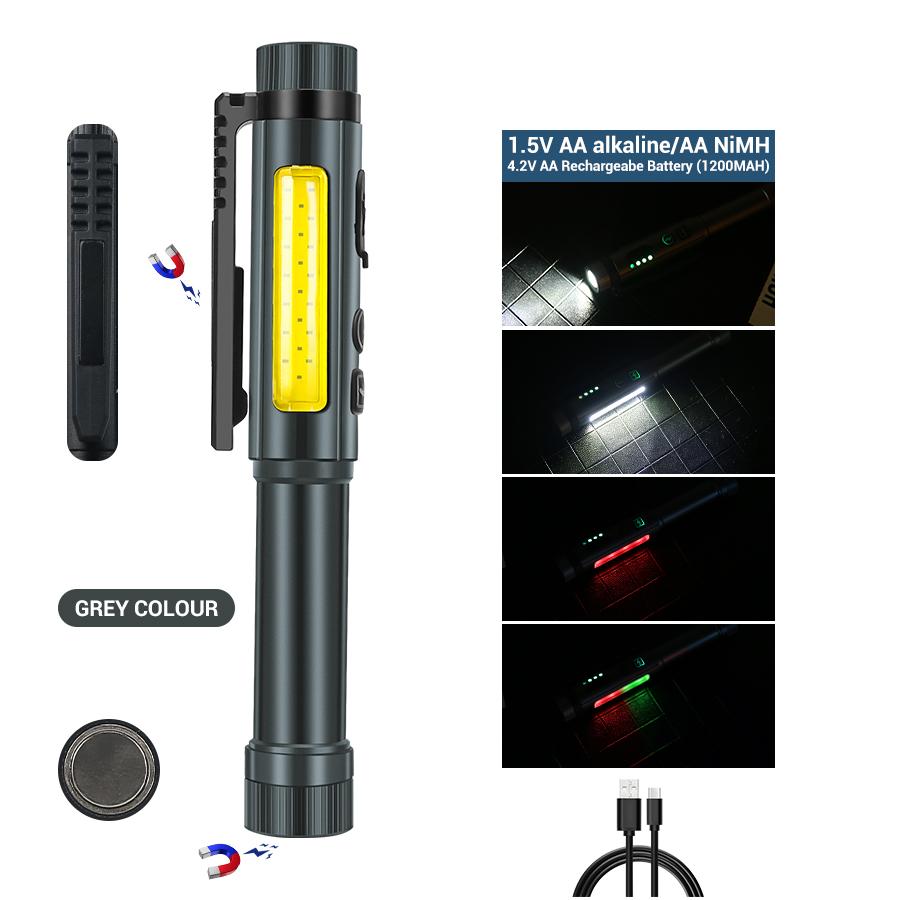 Type-c Rechargeable Mini LED Flashlights Pocket Clip Penlight COB Red And Green Flashes Dual Magnetic Design Waterproof Torch
