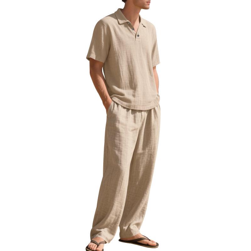 European Men's Casual Linen Short-Sleeve Shirt & Long Pants Set - Breathable Cotton Blend Two-Piece