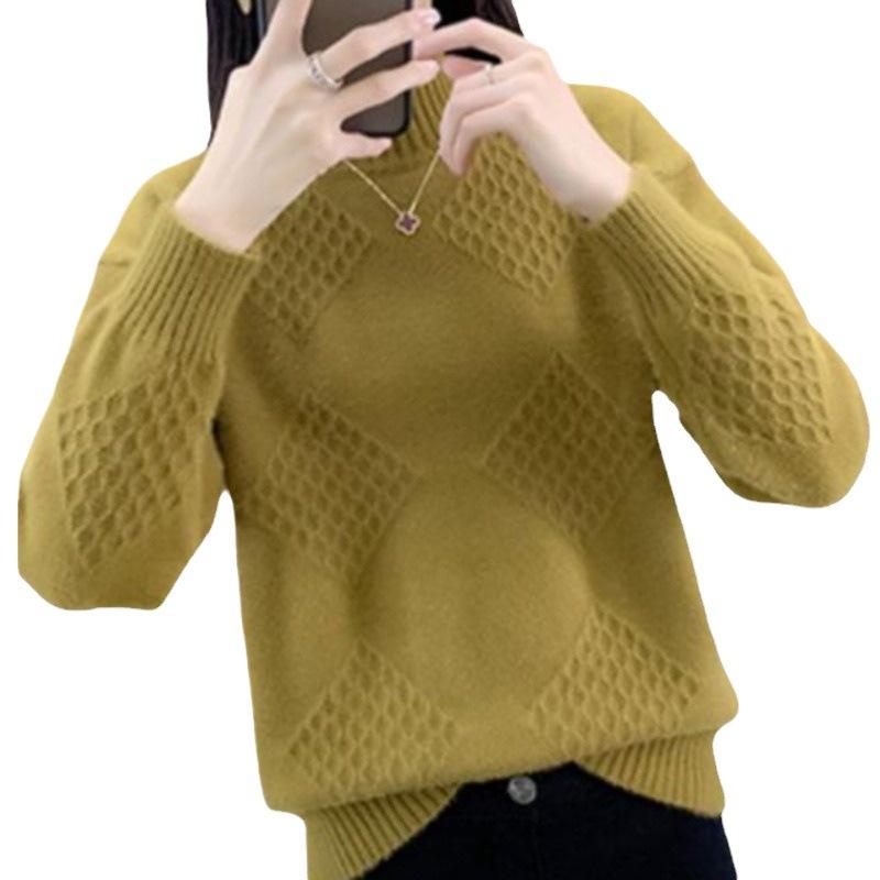 Women's Knitted Sweater Retro Top Sweater Autumn and Winter Semi High Neck Thick Warm Sweater
