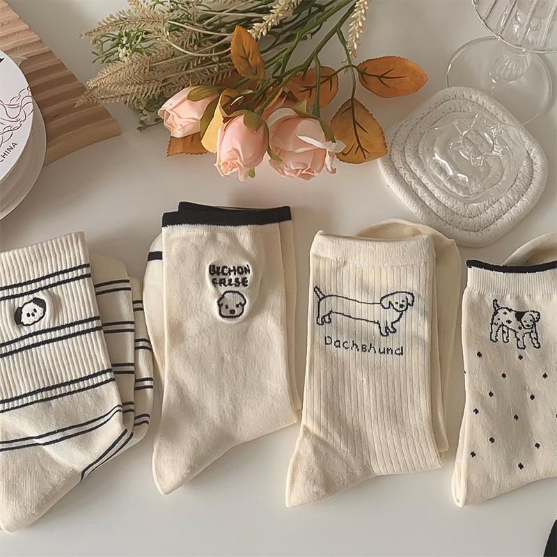 Women's Japanese Style Striped Cartoon Puppy Mid-Calf Cotton Socks - Cute, Breathable, and Versatile Embroidery Design.
