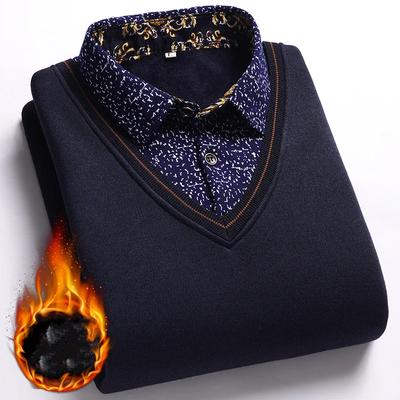 Men's Autumn and Winter Knitted and Plush Thick Sweater, Comfortable and Warm Polo Shirt for Middle-aged and Elderly People