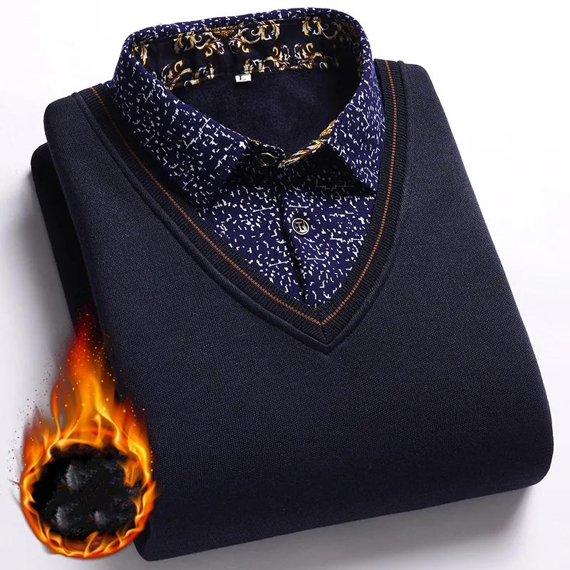 

Мужской осенне-зимний вязаный и плюшевый толстый свитер, удобная и теплая рубашка поло для людей среднего и пожилого возраста 3XL