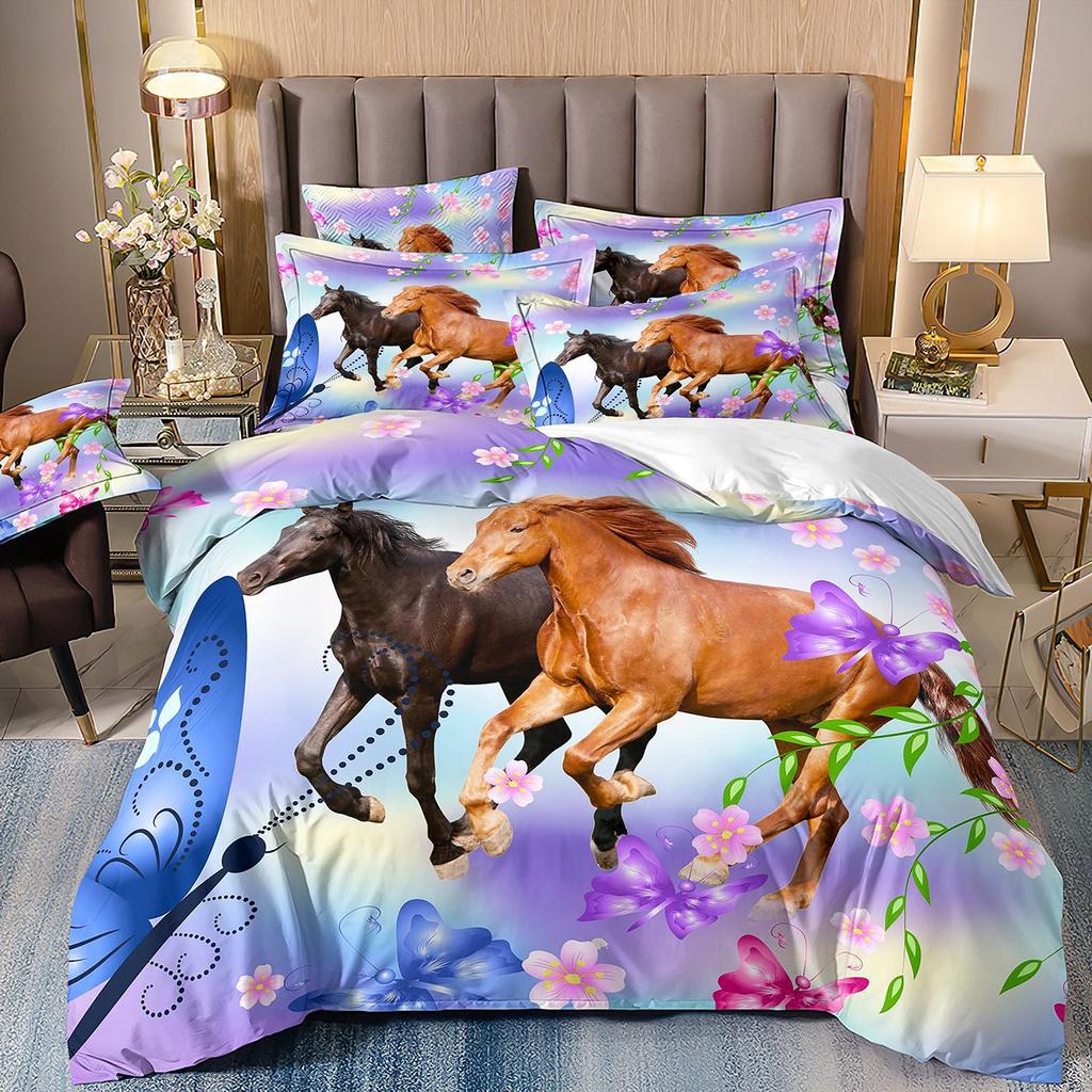 Horse Three-Piece Flower 3D Digital Printing Quilt Cover Bed Sheet Pillowcase Bedding Kit