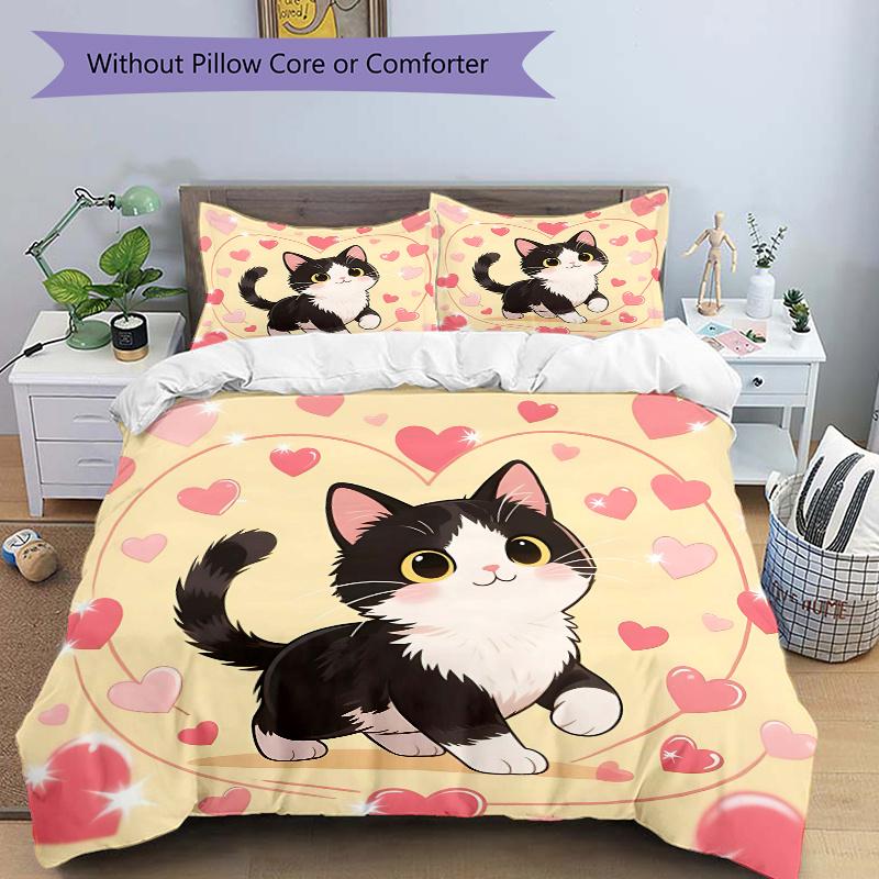 

3pcs Love Cat Design Printed Duvet Cover Set (1 * Cover+2 * Pillowcase, Without Core), Suitable for Home Bedroom, Guest Room, Dormitory Decoratio 135x200cm
