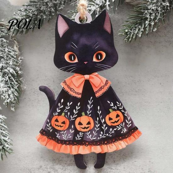 Vintage Wooden Witch Cat Pendant Halloween Hanging Ornament, Decorative Pendant, Black Wood Chips Cute Holiday Party Favors for Tree And Window Decor